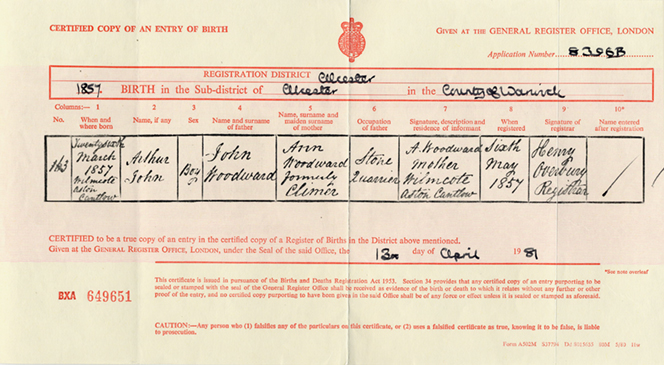 Arthus John's birth certificate