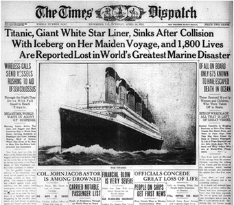 Picture of newspaper announcing Titanics sinking